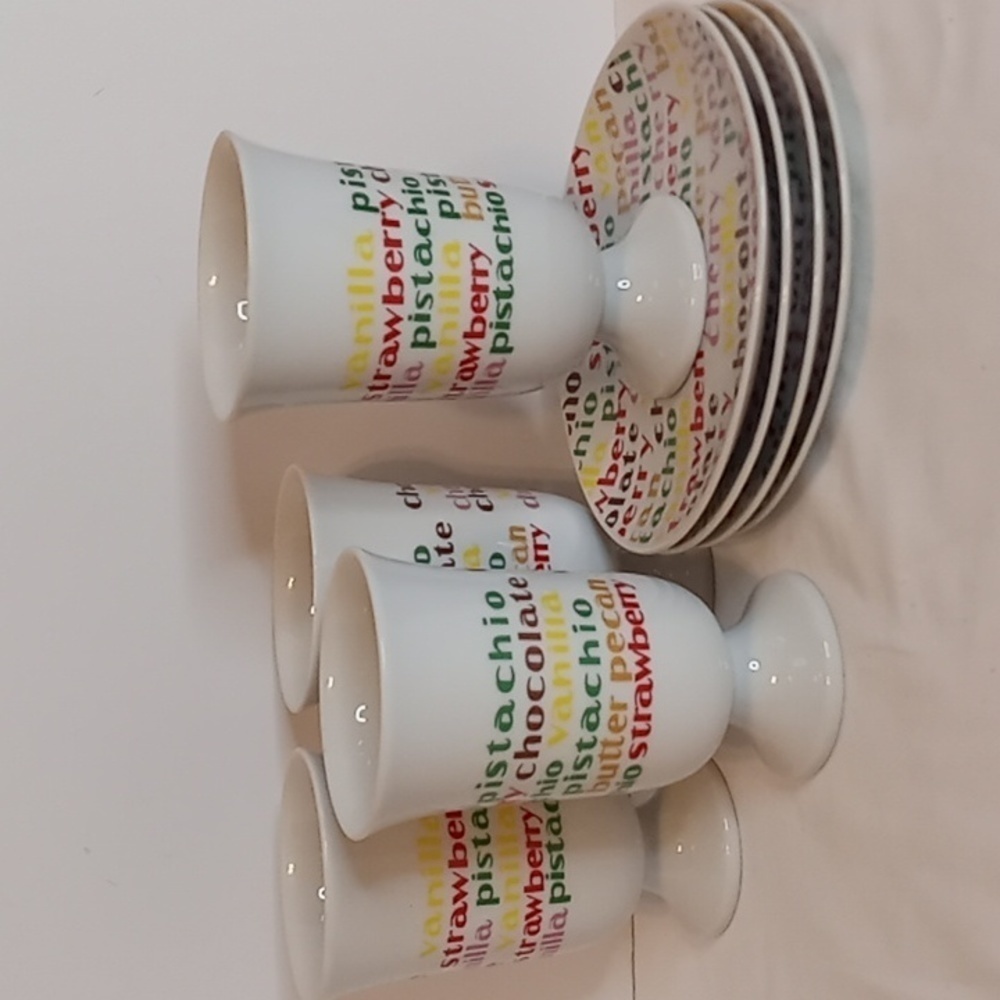 VINTAGE 70's 8 PC Footed Porcelain Milk Shake Glasses And Desert Plates